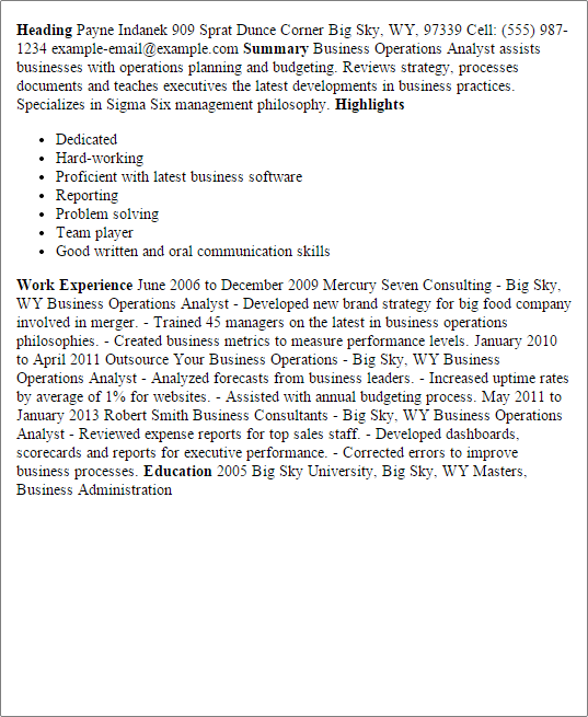 business operations analyst resumes