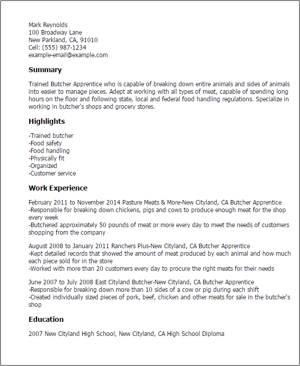 1 butcher apprentice resume templates try them now myperfectresume