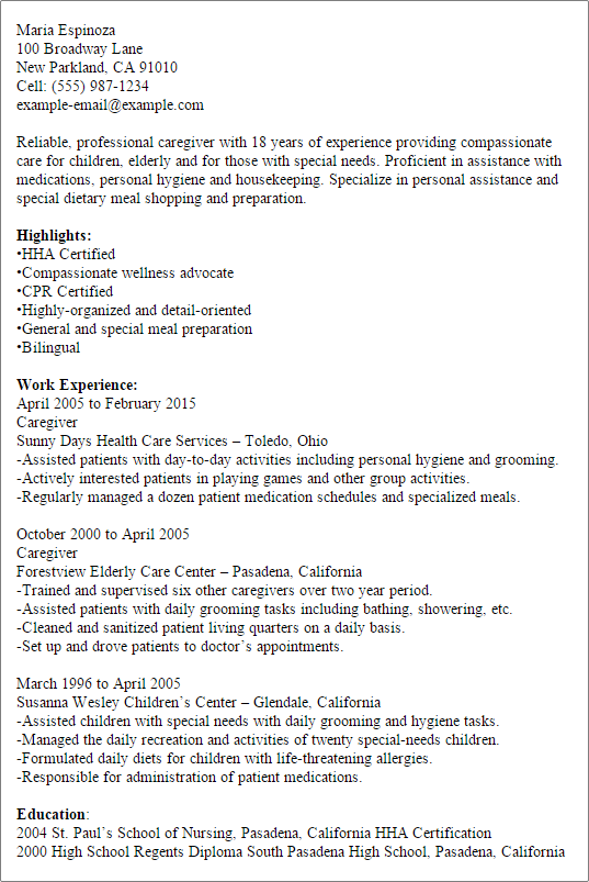 how to write a caregiver resume care
