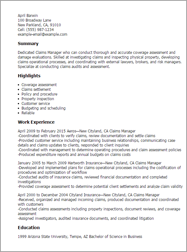 Claims Manager Resume Claims Manager Resume