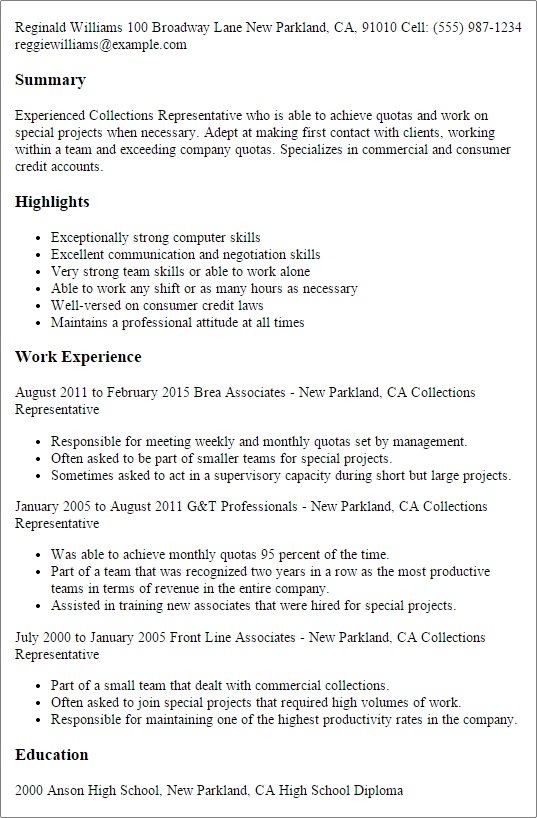collections representative resume template best design tips