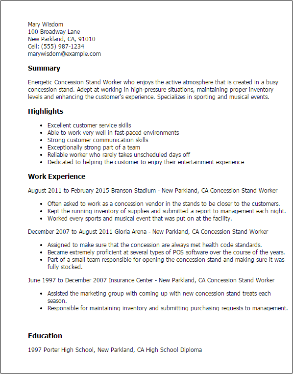 1 concession stand worker resume templates try them now