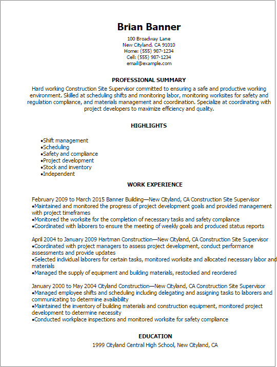 construction site supervisor resume