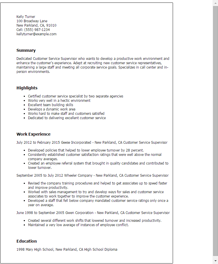 airline customer service supervisor resume