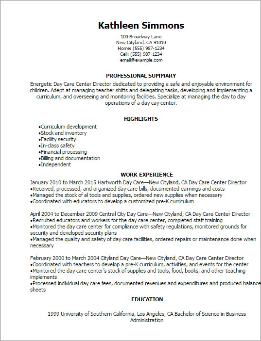 day care center director resume