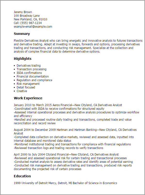 Resume of option trader