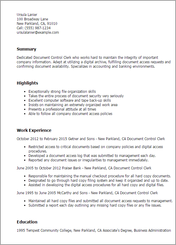 Document Control Clerk Templates Myperfectresume