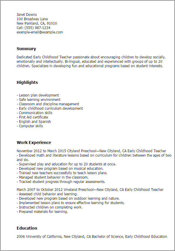 Early Childhood Teacher Resume Template Myperfectresume