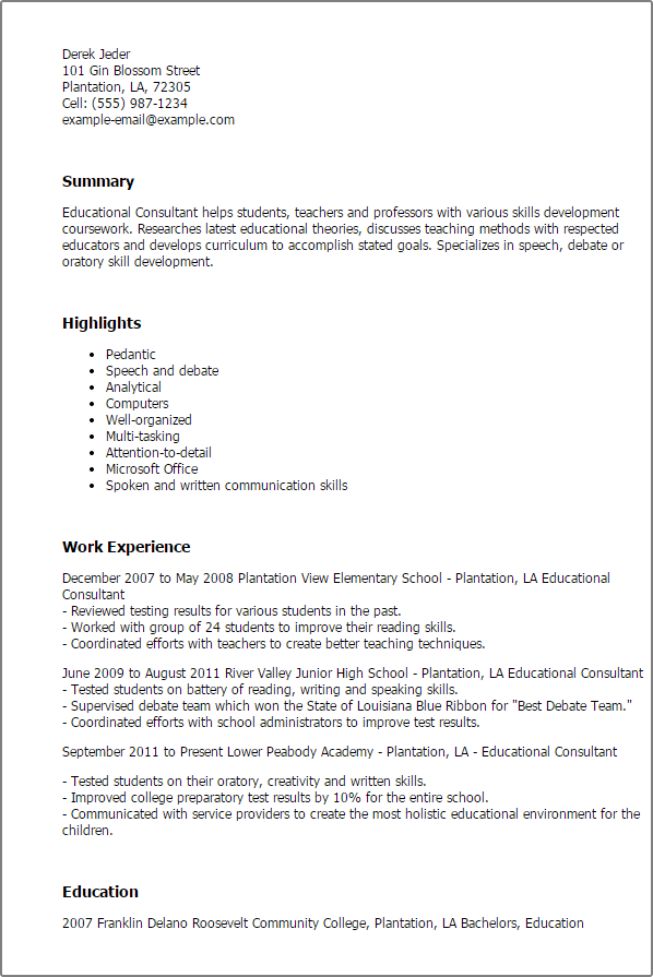 sample resume of educational consultant