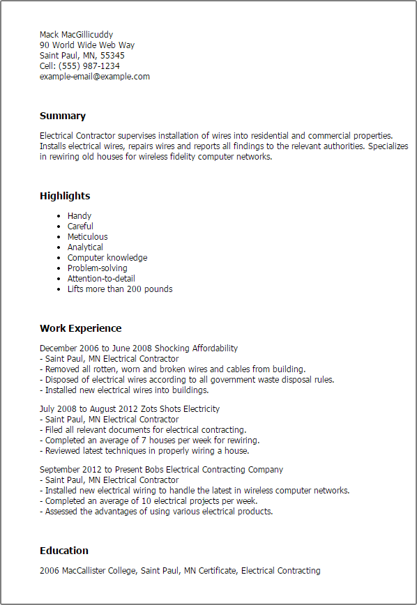 1 electrical contractor resume templates try them now myperfectresume contractor resume