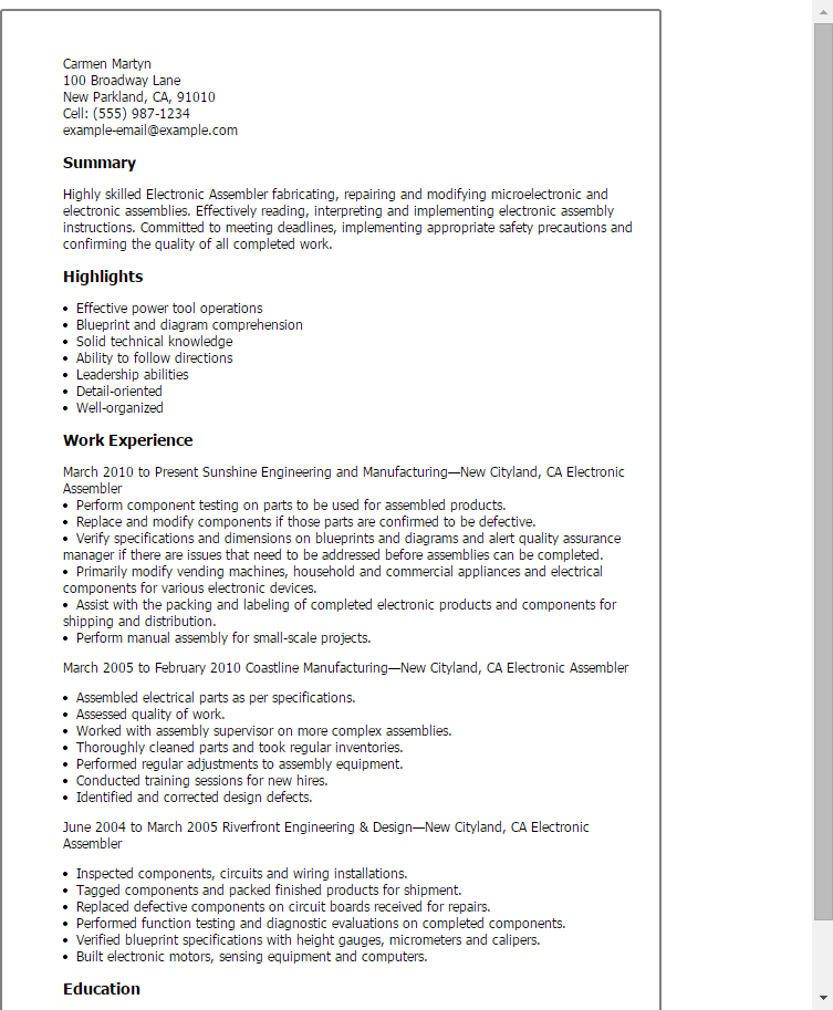 electronic assembler job description resume