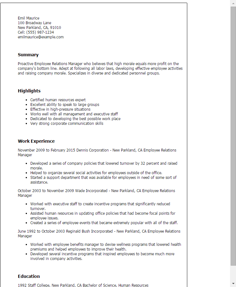 Sample Labor Relations Manager Resume Sample Labor Relations Manager Resume