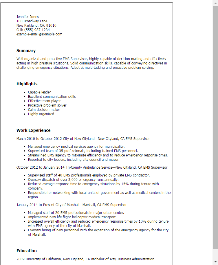 1 ems supervisor resume templates try them now myperfectresume