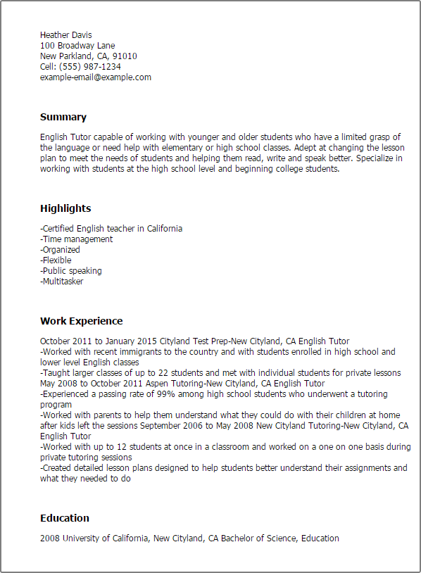 Professional English Tutor Templates To Showcase Your Talent Myperfectresume