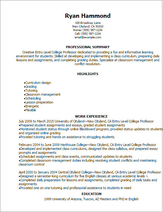 1 Entry Level College Professor Resume Templates Try Them Now Myperfectresume