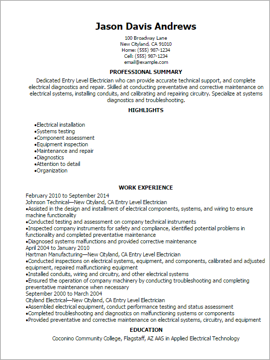 Entry Level Electrician Resume Template — Best Design 