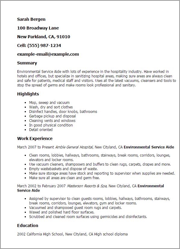 Professional Environmental Service Aide Templates to 
