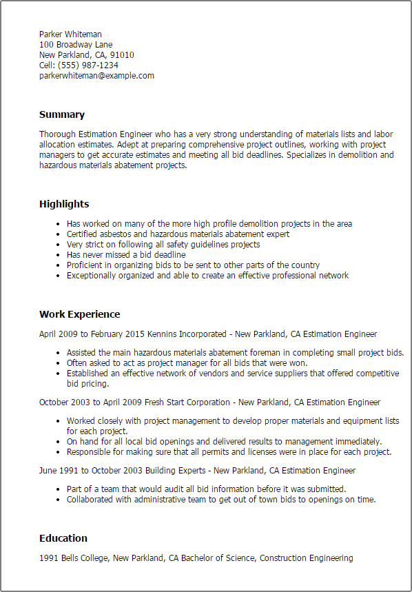 professional estimation engineer templates to showcase your talent resume for it engineer