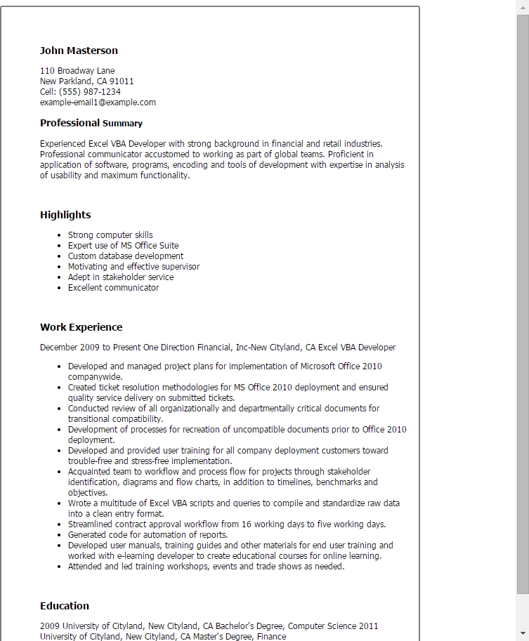 Professional Excel Vba Developer Templates To Showcase Your Talent Myperfectresume