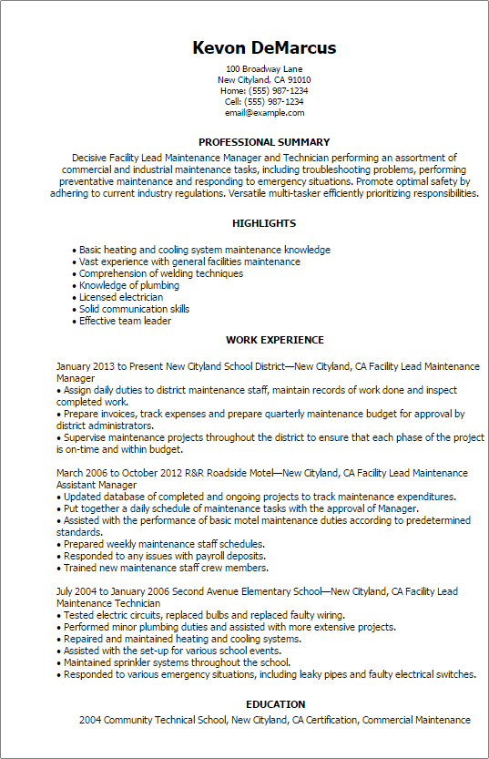 #1 Facility Lead Maintenance Resume Templates: Try Them 