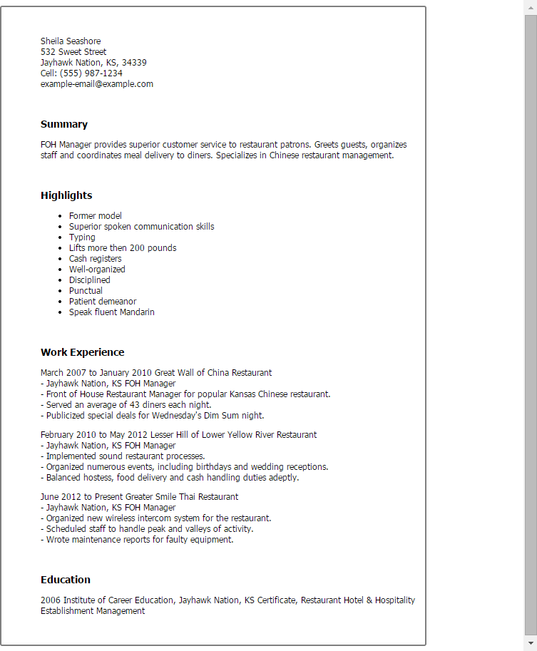 foh manager resume template best design tips myperfectresume example of restaurant manager resumes