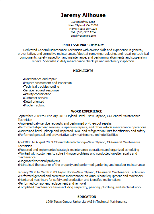 Professional General Maintenance Technician Templates to ...