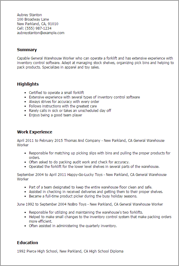 Warehouse Resume Template Free from www.myperfectresume.com