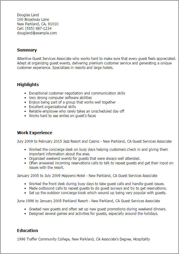 guest services resume samples