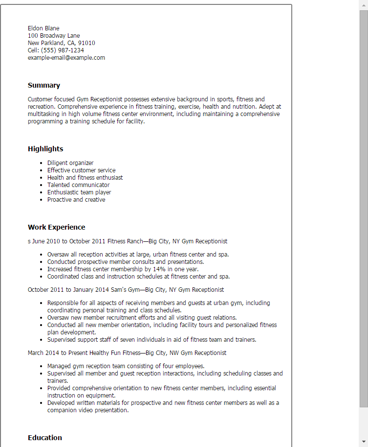 resume examples for gym receptionist