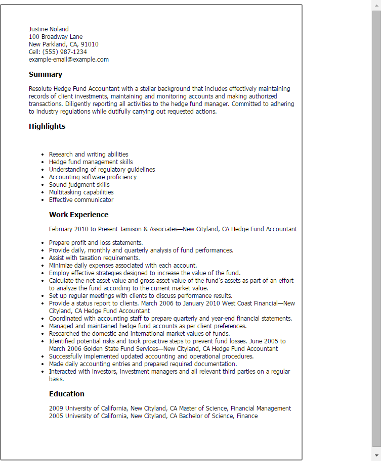 Professional Hedge Fund Accountant Templates To Showcase Your Talent Myperfectresume