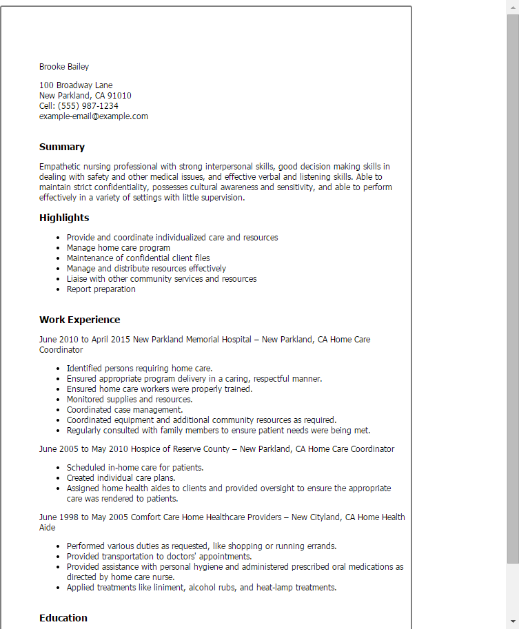 1 home care coordinator resume templates try them now myperfectresume sample resume for home care nurse