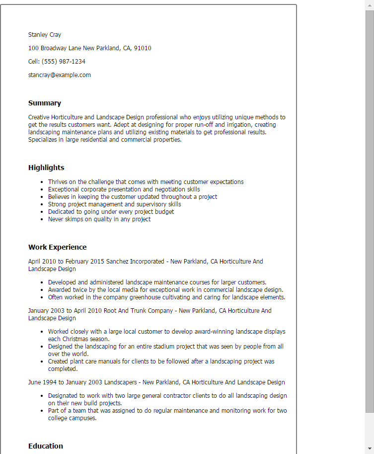 professional horticulture and landscape design templates to showcase landscaper resume