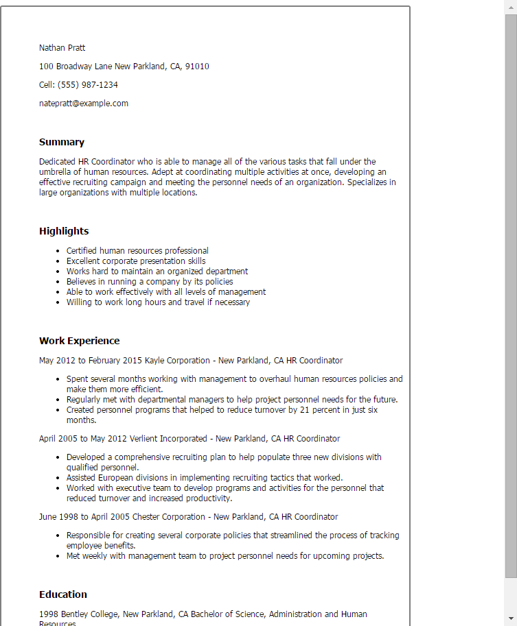 1 hr coordinator resume templates try them now myperfectresume hr coordinator resume
