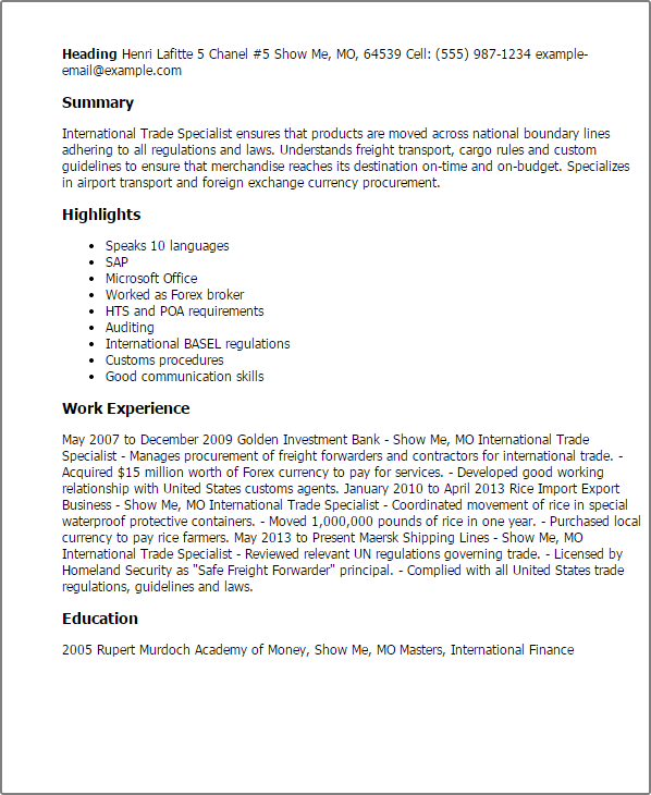 1 International Trade Specialist Resume Templates Try Them Now Myperfectresume