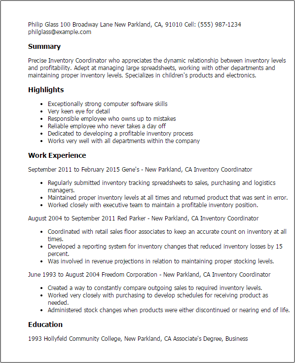 professional inventory coordinator templates to showcase your talent inventory cv