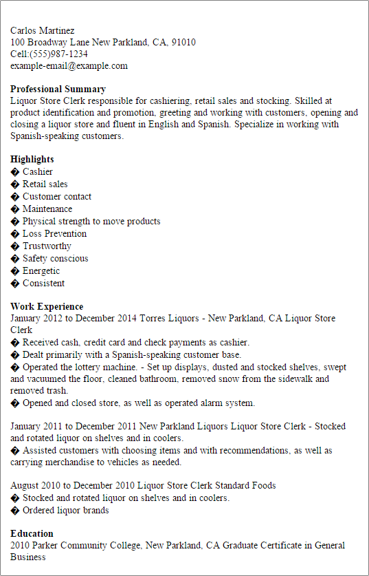 liquor store manager job description for resume