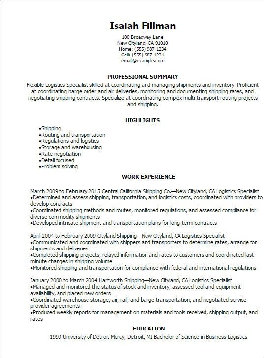 logistics specialist resume