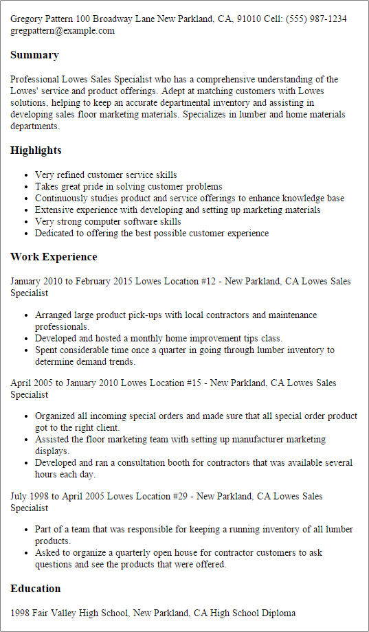 professional lowes sales specialist templates to showcase your