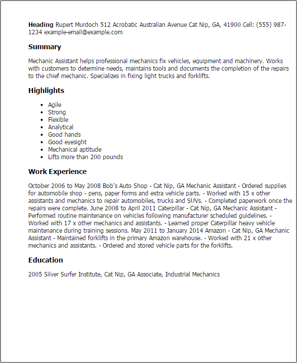 mechanic helper resume