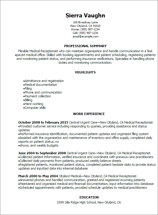 resume sample for medical receptionist