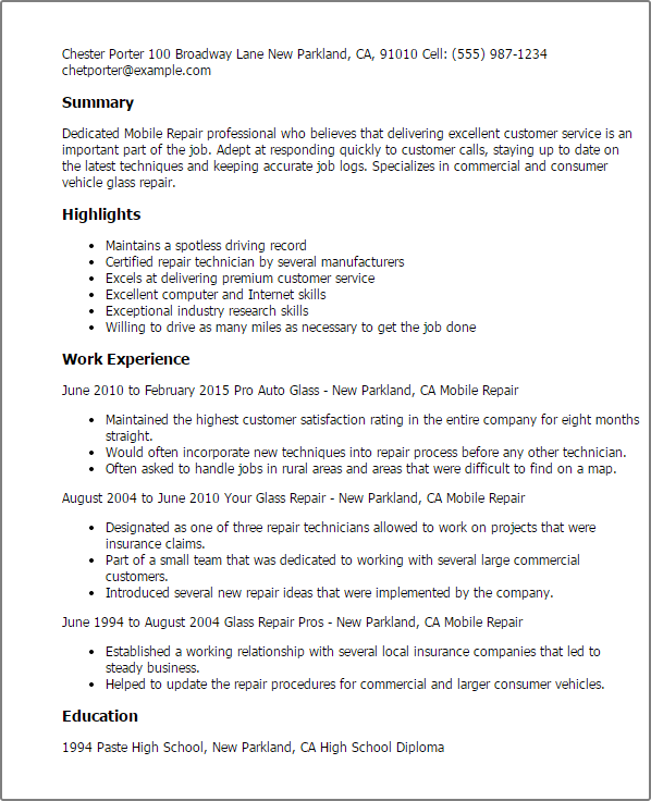 customer service resume cell phone company