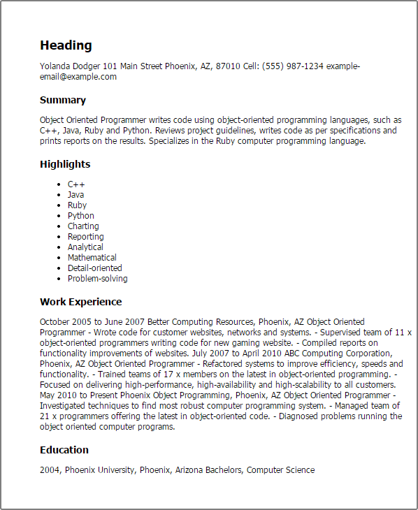 Professional Object Oriented Programmer Templates To Showcase Your Talent Myperfectresume