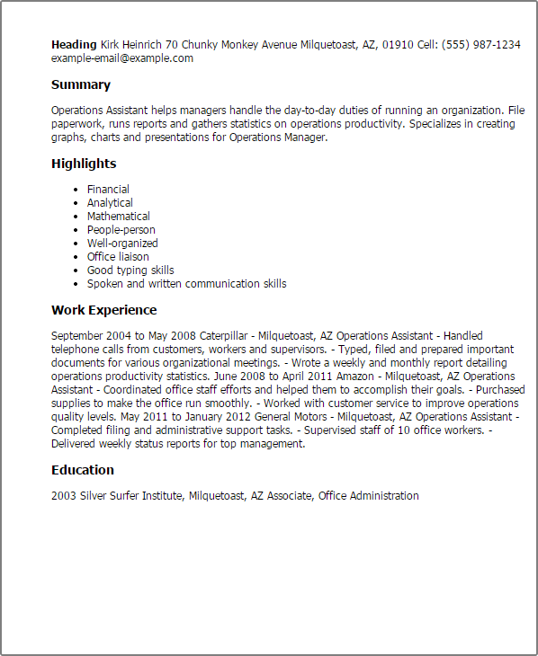 1 operations assistant resume templates try them now myperfectresume operations assistant resume