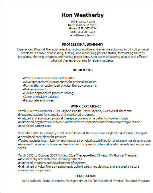 Resume Examples For Physical Therapist Assistant