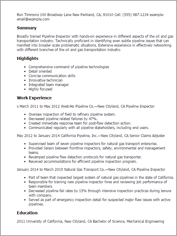 Pipeline Inspector Resume Template — Best Design & Tips ... Pipeline Inspector Resume Template — Best Design & Tips ...
