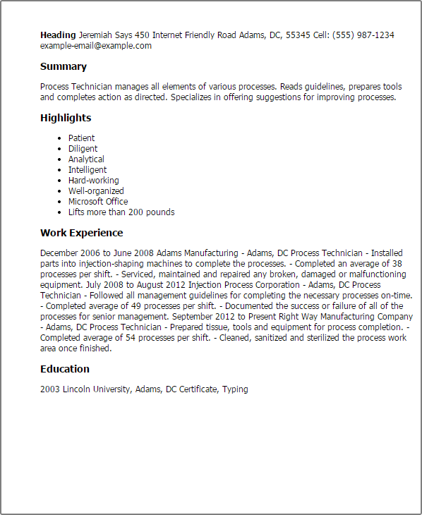 process technician resume sample