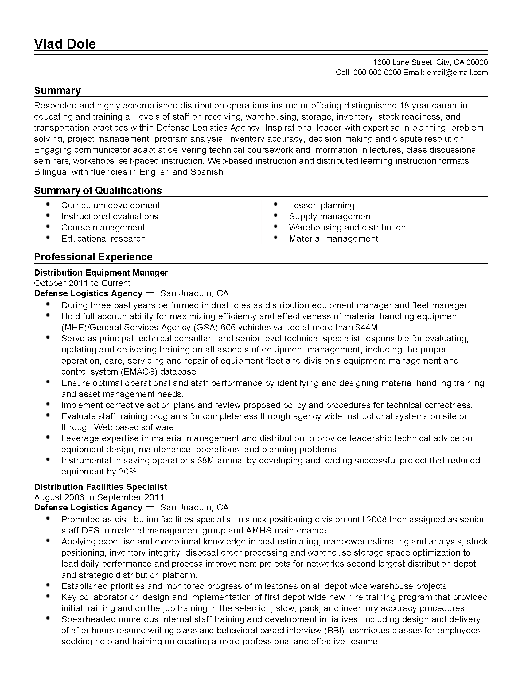 Distribution manager resume
