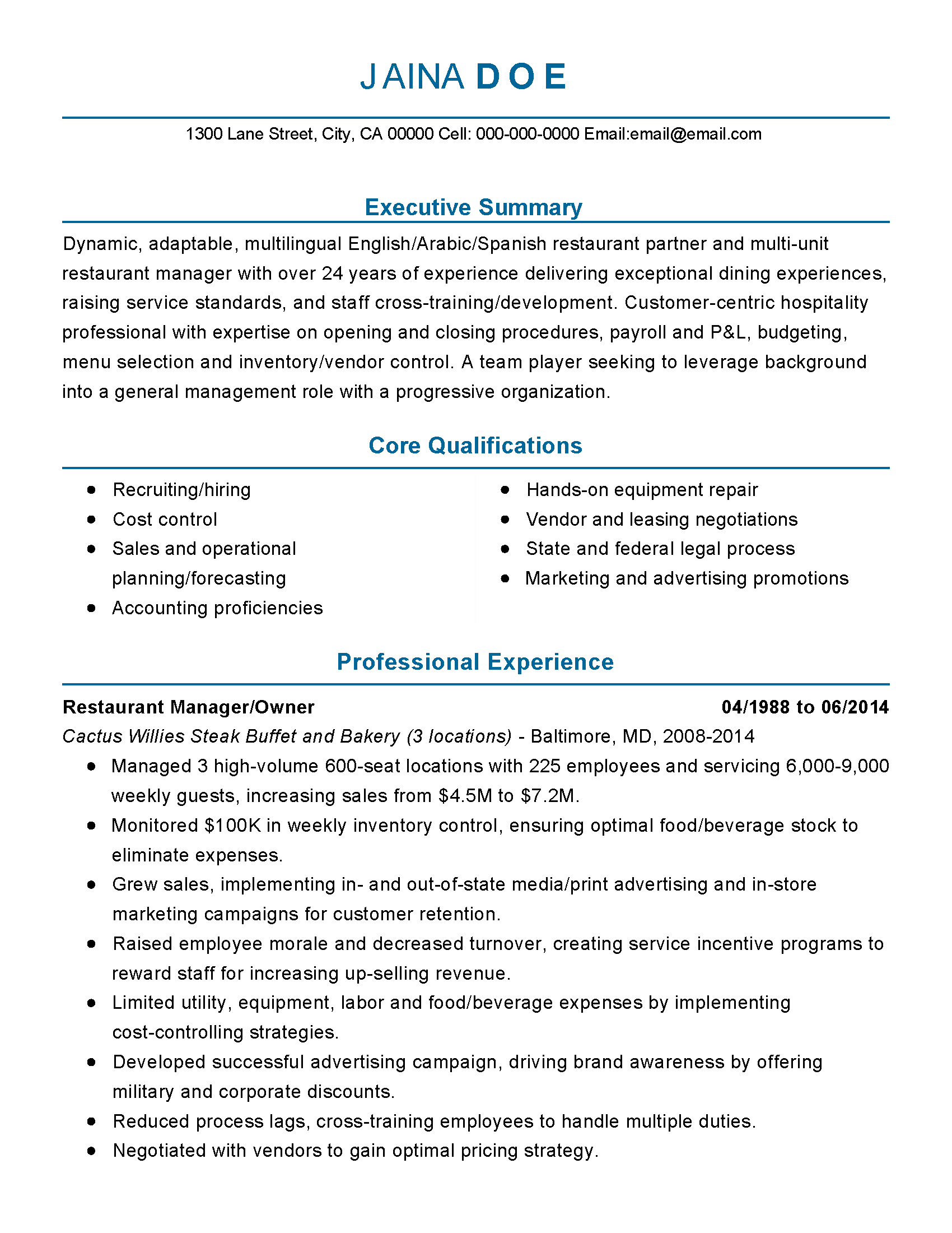 restaurant manager resume description