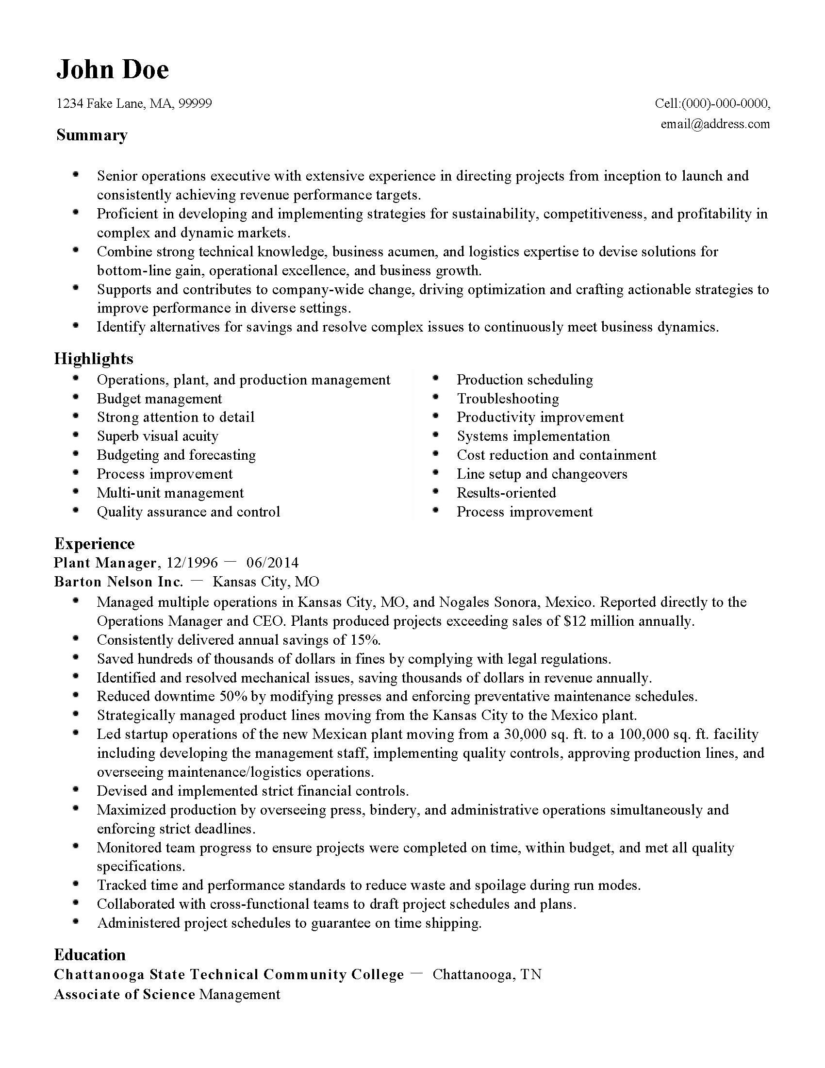 resume for budget management