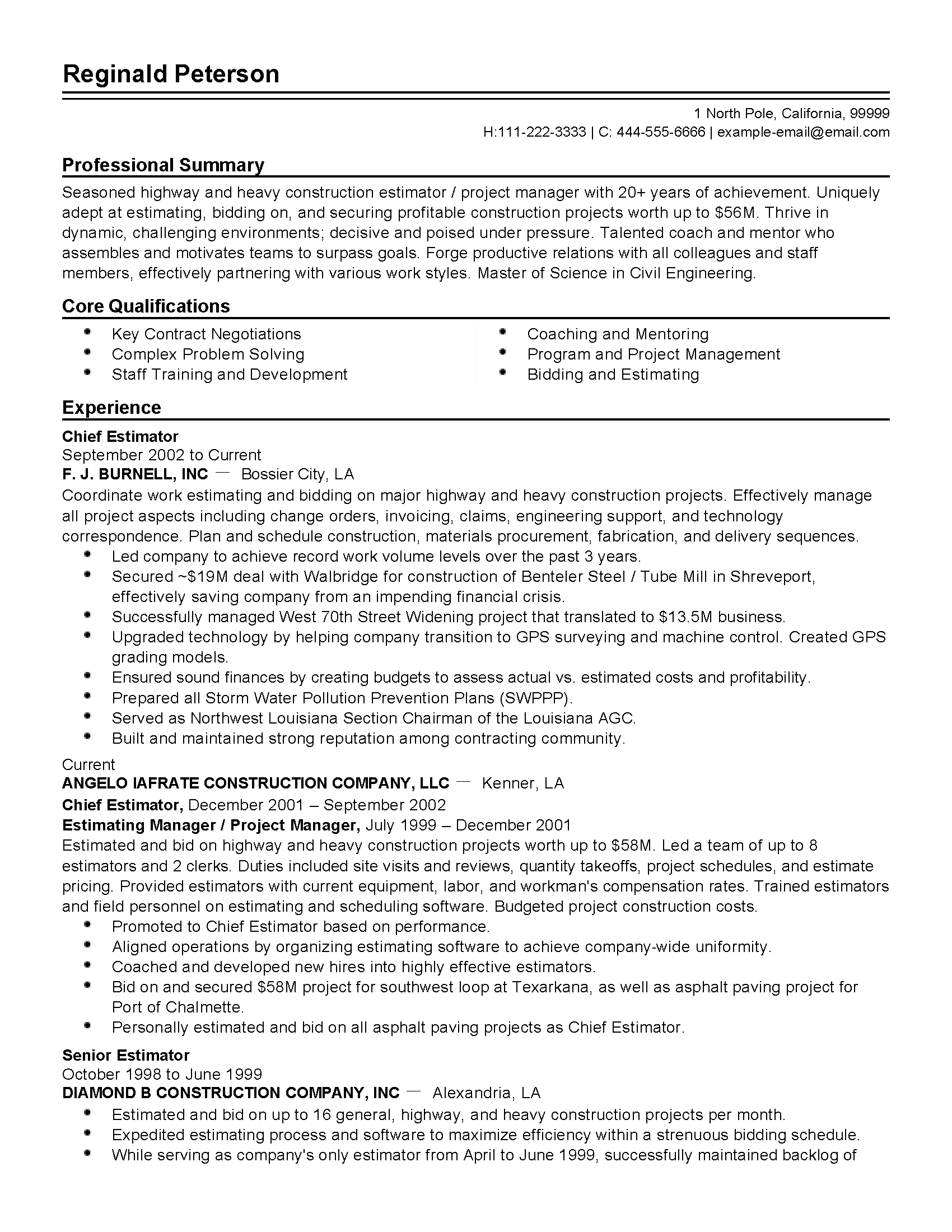 project manager estimator resume sample